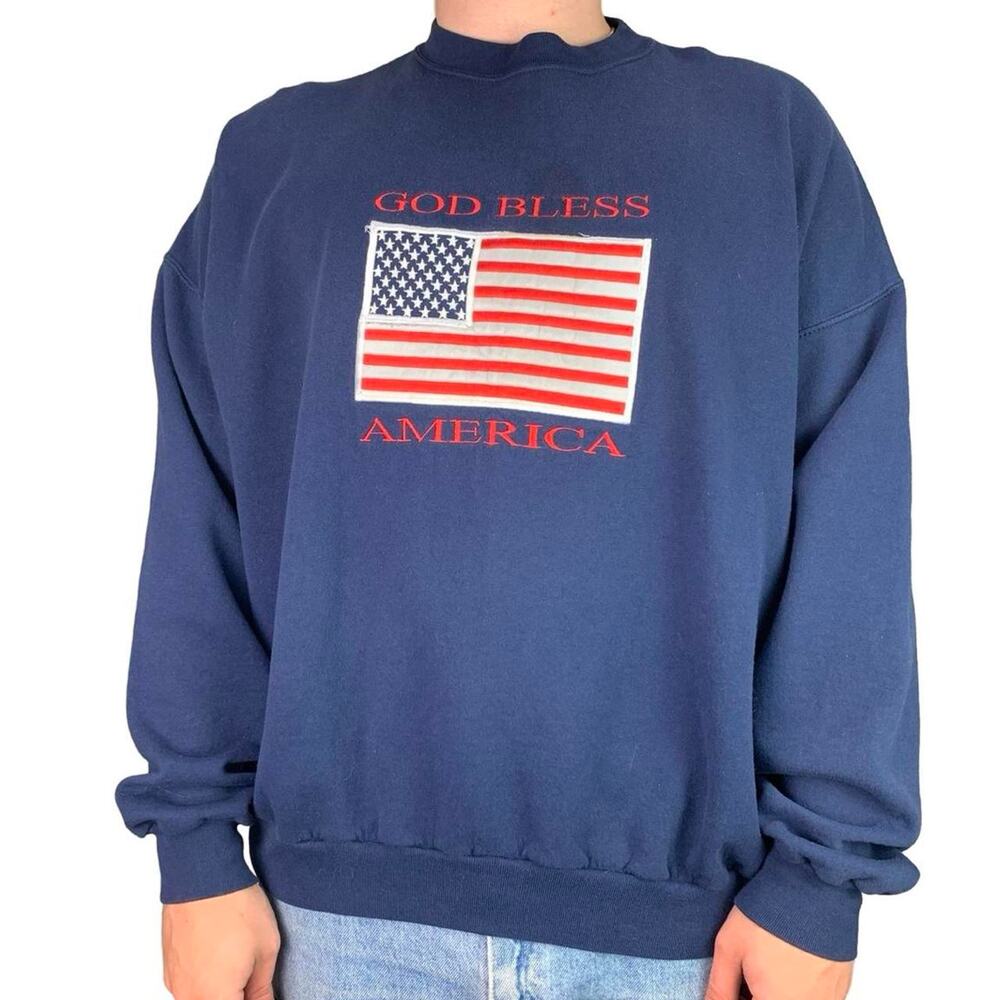 Vintage 90s Patriotic Embroidered God Bless America Crewneck Sweatshirt
